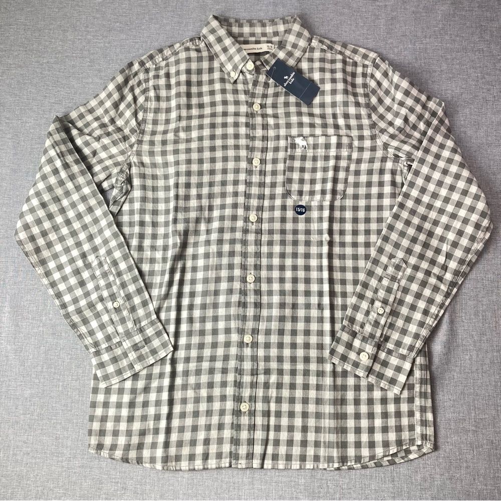 Abercrombie Kids Button Down Shirt Boys 15 16 Gray Check Gingham Casual Preppy